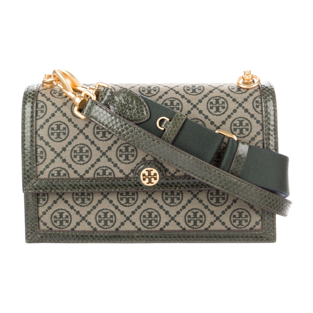 Tory Burch T Monogram Crossbody Snakeskin Trimmed Canvas